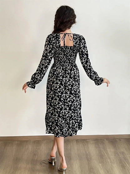 Elegant Floral Chiffon Midi Dress – Effortless Style for Spring & Autumn