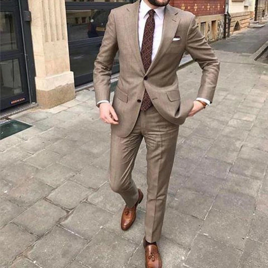 Men’s 2-Piece Khaki Suit – Slim Fit Single-Breasted Blazer & Pants for Summer