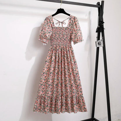 Spring Summer Women’s Chiffon Dress – Elegant Pleated Short Sleeve A-Line Casual Wear