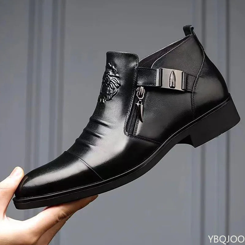 Men’s Winter Leather Ankle Boots – Elegant British Style with Side Zip & Non-Slip Sole