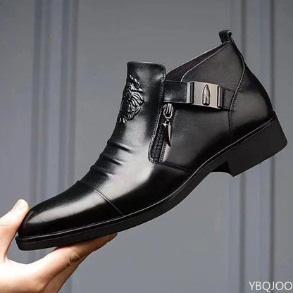 Men’s Winter Leather Ankle Boots – Elegant British Style with Side Zip & Non-Slip Sole