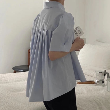 Women’s Summer Shirt – Chic Loose Fit with Bubble Sleeves & Pleated Turn-Down Collar