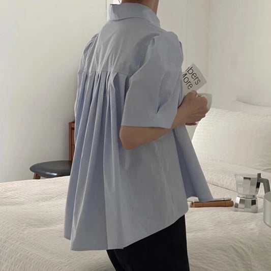 Women’s Summer Shirt – Chic Loose Fit with Bubble Sleeves & Pleated Turn-Down Collar