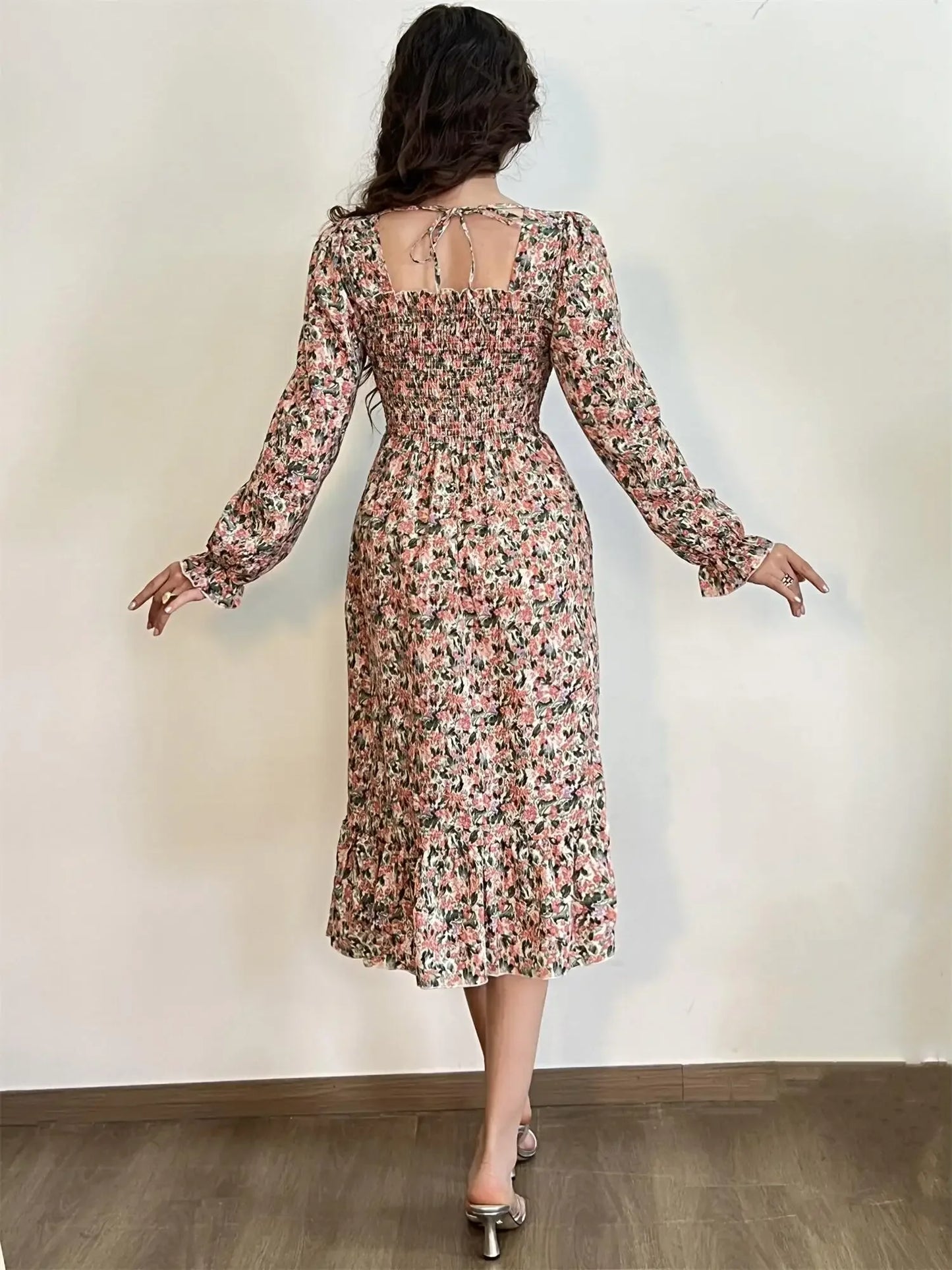 Elegant Floral Chiffon Midi Dress – Effortless Style for Spring & Autumn