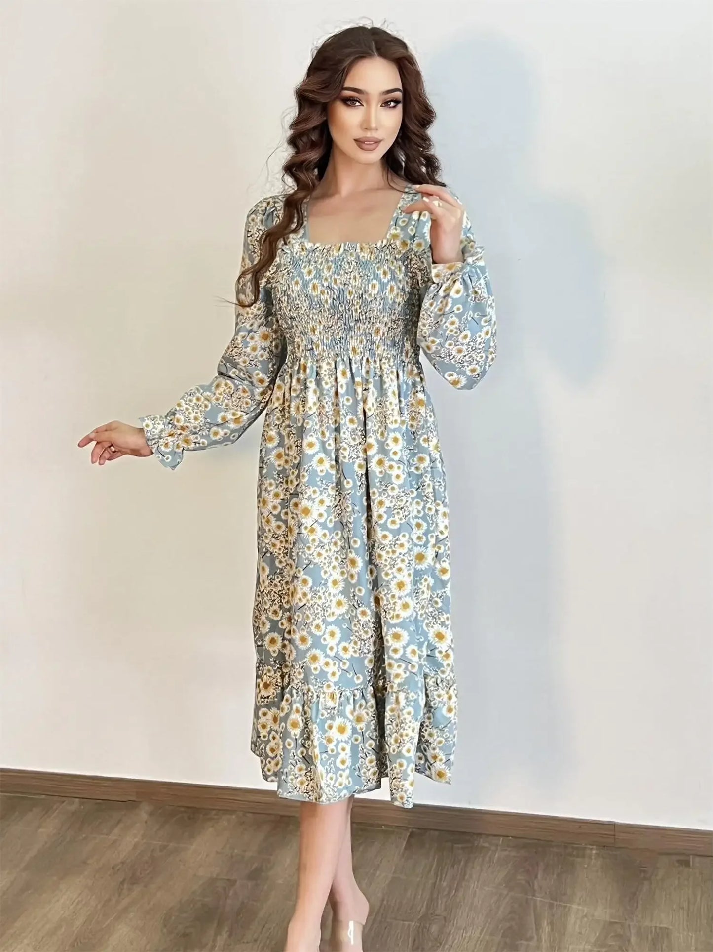 Elegant Floral Chiffon Midi Dress – Effortless Style for Spring & Autumn