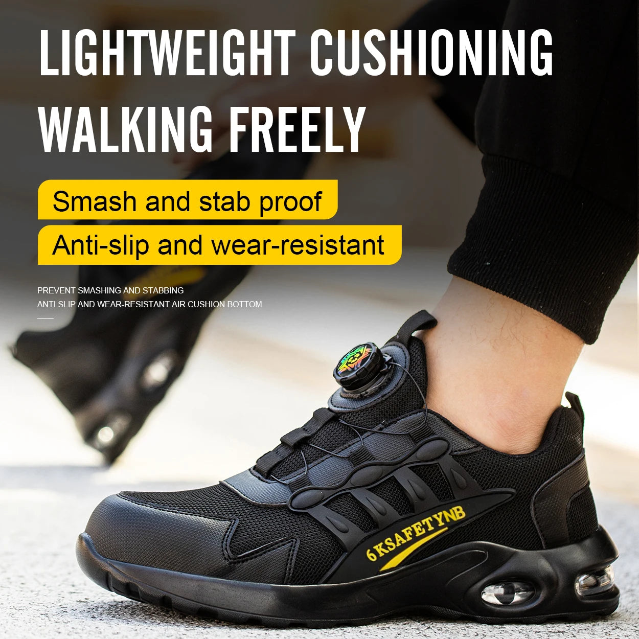 Men’s Steel Toe Safety Shoes – Rotating Button Work Sneakers with Air Cushion & Puncture-Proof Protection