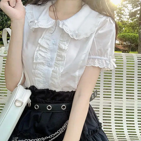 Deeptown Women’s Blouse – Kawaii Lolita Japanese Preppy Style, Cute White Lace Ruffle Shirt with Puff Sleeves