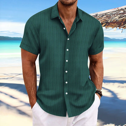 Men’s Short-Sleeve Jacquard Shirt – Trendy Solid Color Wave Stripe Casual Wear