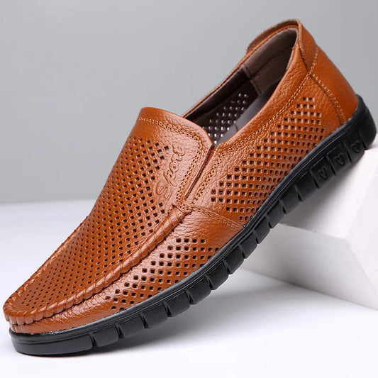 Fashion Genuine Leather Shoes Men Flat Breathable Summer Mens Casual Shoes Soft Comfortable Leather Male Footwear KA3559