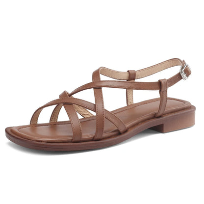 JOZHAMTA Women’s Leather Gladiator Sandals – Strappy Flats with Low Heels (Sizes 34–43)
