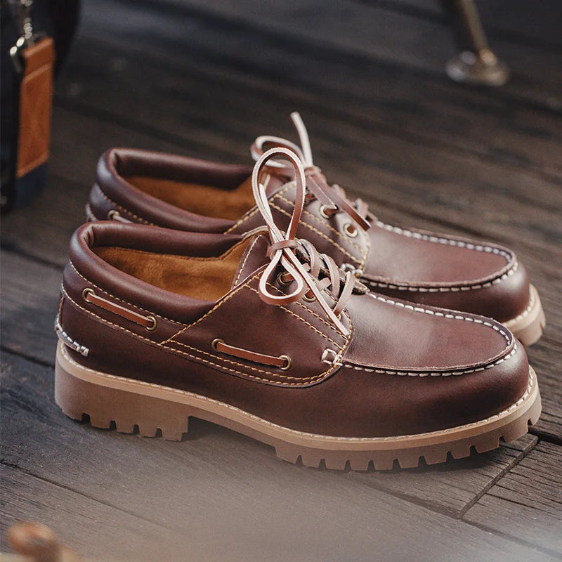 Maden Men's Vintage Second-layer Cowhide Boat Shoes Genuine Leather Derby Shoes Round Toe Low Top Boots British Style Work Shoes