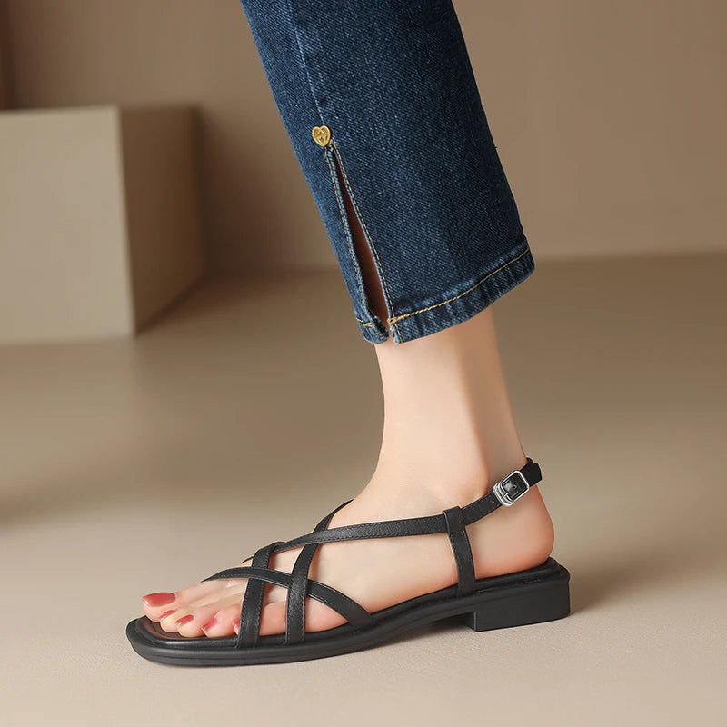 JOZHAMTA Women’s Leather Gladiator Sandals – Strappy Flats with Low Heels (Sizes 34–43)