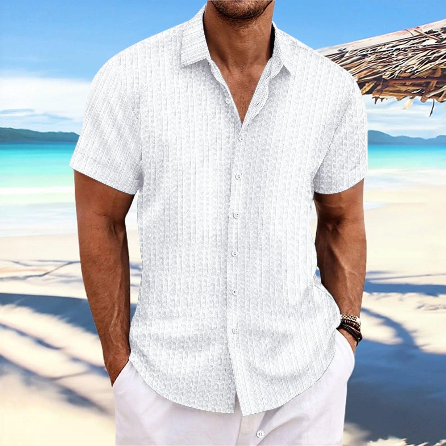 Men’s Short-Sleeve Jacquard Shirt – Trendy Solid Color Wave Stripe Casual Wear