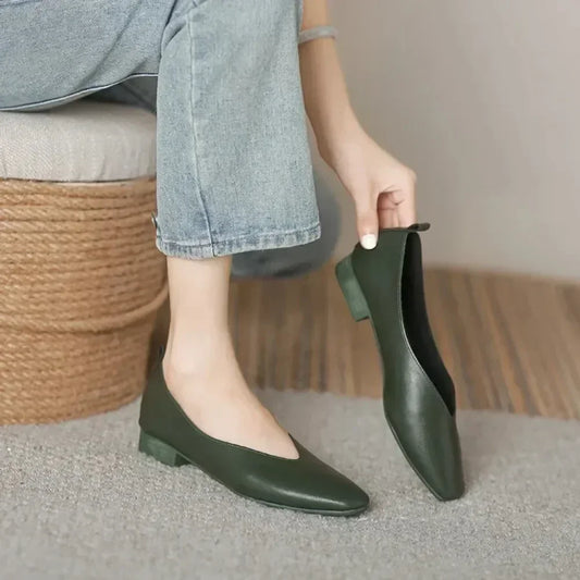 Women’s Genuine Leather Loafers – Low Heel, Round Toe, Casual Style