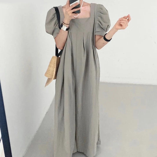 Women’s Summer Jumpsuit – Chic Square Collar with Pleated Design & Bubble Sleeves