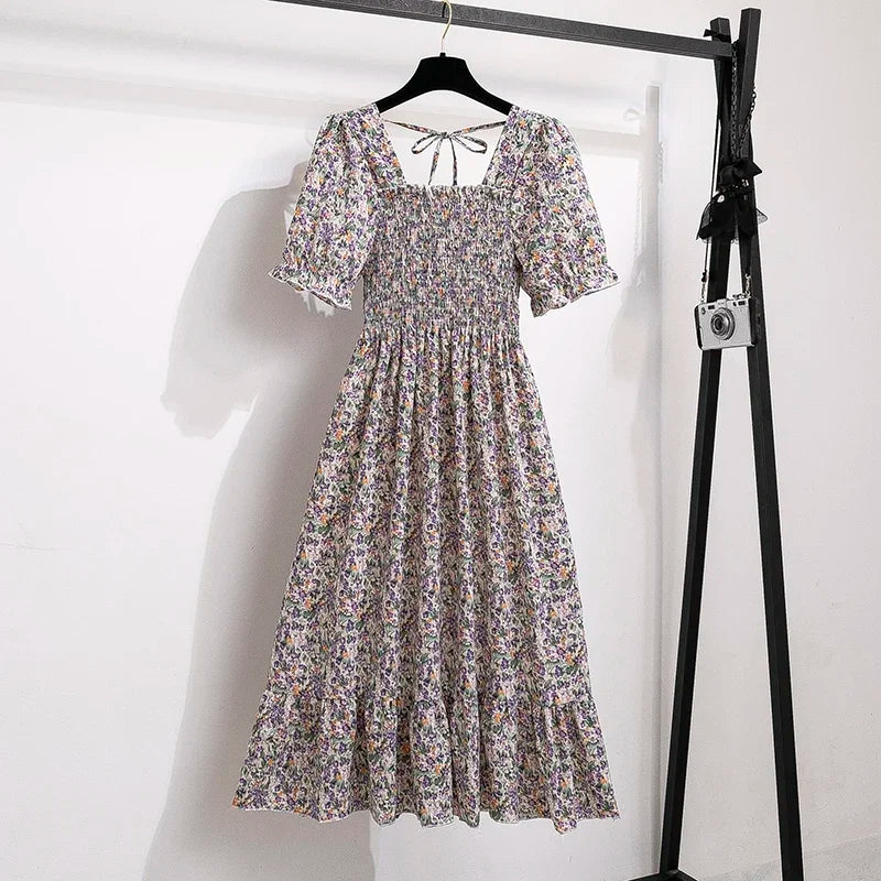 Spring Summer Women’s Chiffon Dress – Elegant Pleated Short Sleeve A-Line Casual Wear