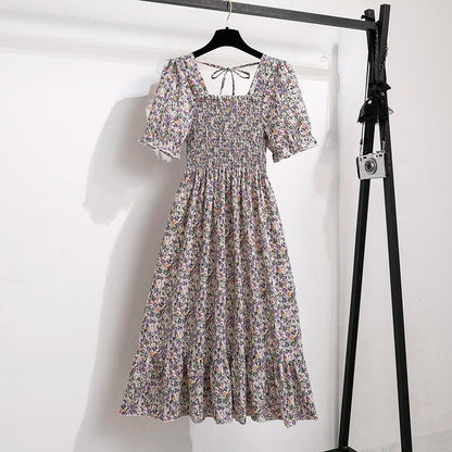 Spring Summer Women’s Chiffon Dress – Elegant Pleated Short Sleeve A-Line Casual Wear