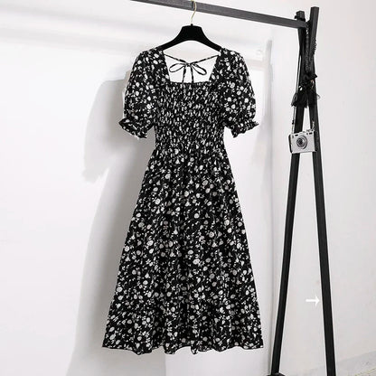 Spring Summer Women’s Chiffon Dress – Elegant Pleated Short Sleeve A-Line Casual Wear