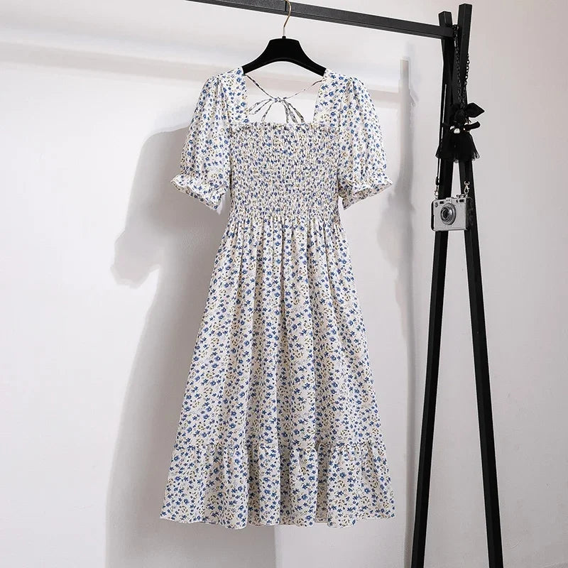 Spring Summer Women’s Chiffon Dress – Elegant Pleated Short Sleeve A-Line Casual Wear