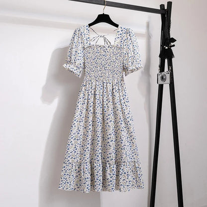 Spring Summer Women’s Chiffon Dress – Elegant Pleated Short Sleeve A-Line Casual Wear
