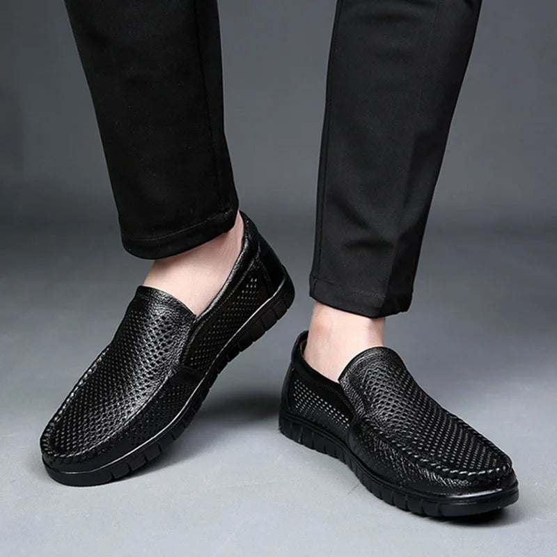 Fashion Genuine Leather Shoes Men Flat Breathable Summer Mens Casual Shoes Soft Comfortable Leather Male Footwear KA3559