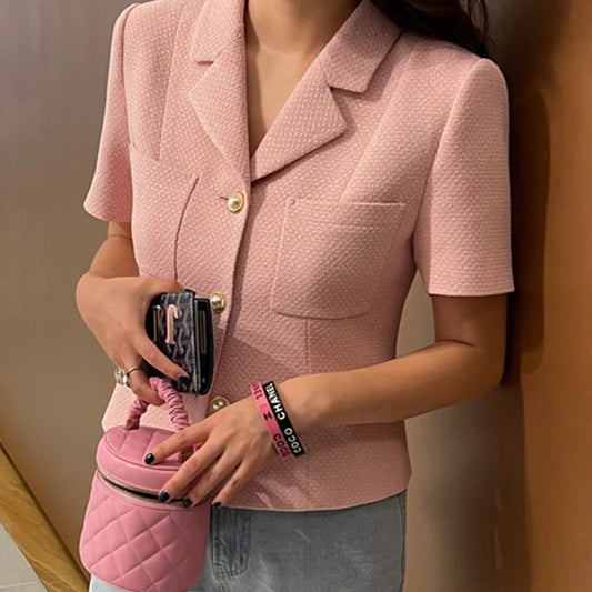 Women’s Korean Chic Tweed Blazer – Lightweight Summer Jacket with Notch Lapel & Single Button