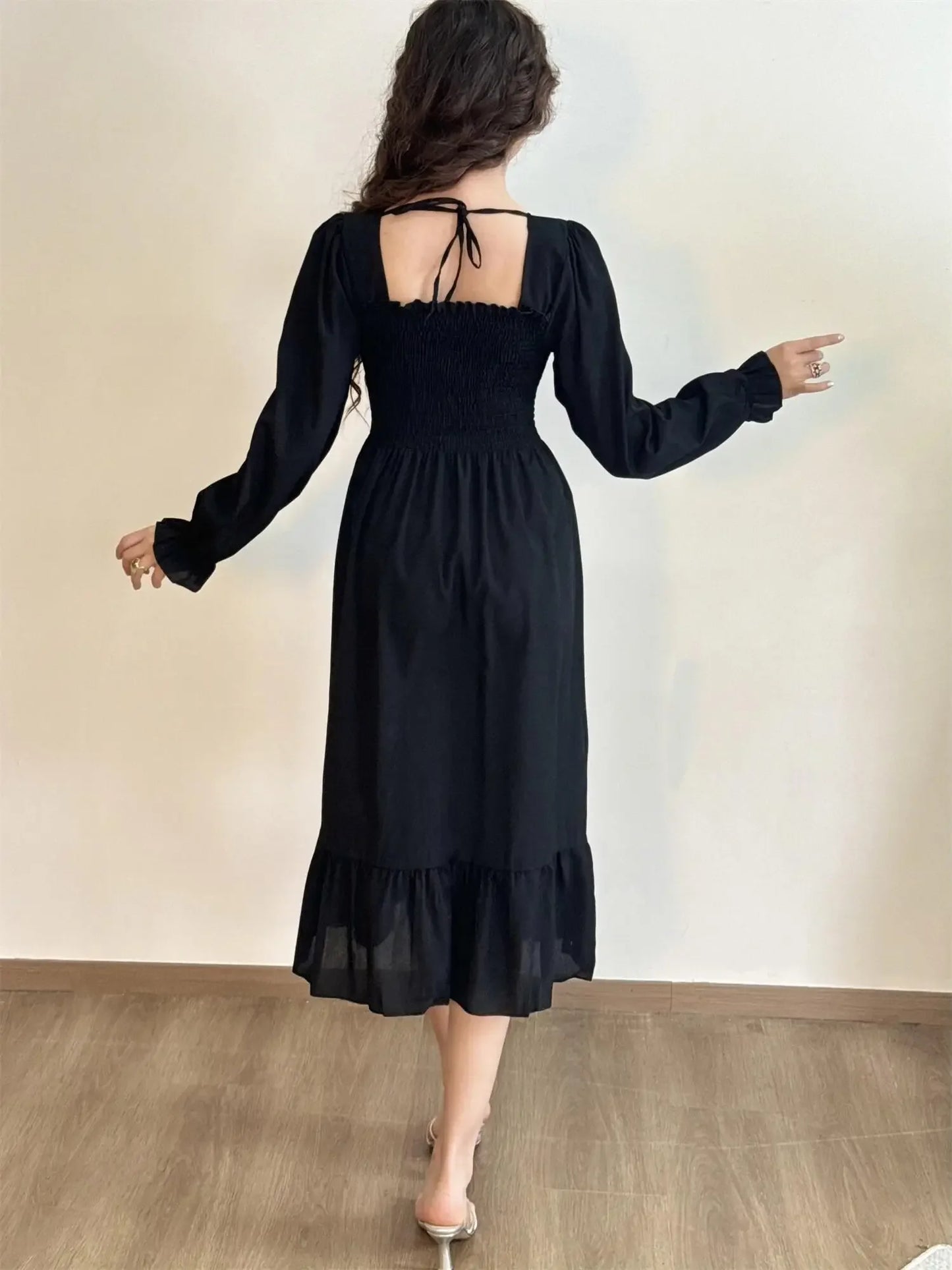 Elegant Floral Chiffon Midi Dress – Effortless Style for Spring & Autumn