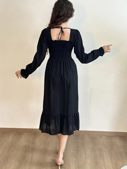 Elegant Floral Chiffon Midi Dress – Effortless Style for Spring & Autumn