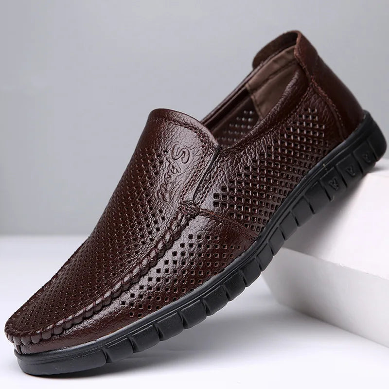 Fashion Genuine Leather Shoes Men Flat Breathable Summer Mens Casual Shoes Soft Comfortable Leather Male Footwear KA3559