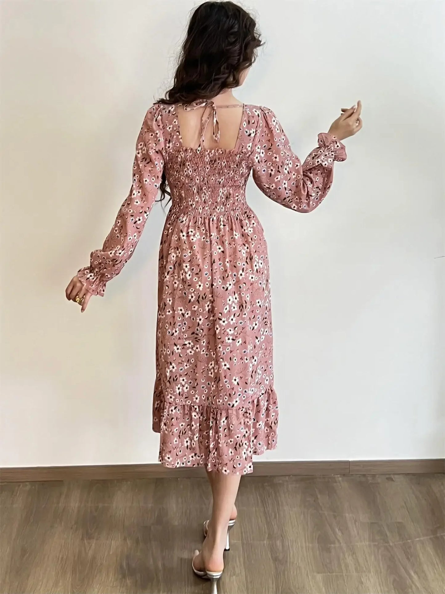 Elegant Floral Chiffon Midi Dress – Effortless Style for Spring & Autumn