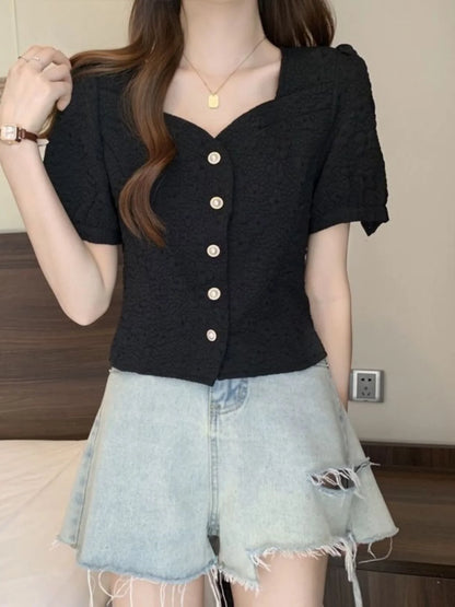 Women’s Chiffon Shirt – Slim Fit Short Sleeve Cardigan Style, Solid Color Summer Top