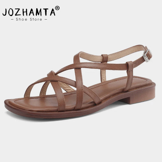 JOZHAMTA Women’s Leather Gladiator Sandals – Strappy Flats with Low Heels (Sizes 34–43)