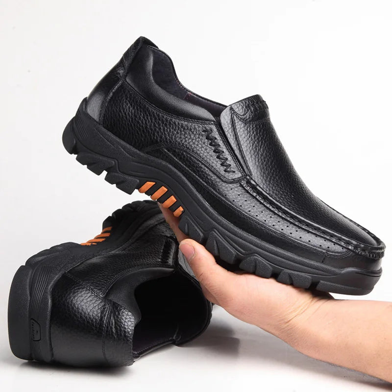 Men’s Genuine Leather Loafers – Soft Cowhide Casual Slip-On Shoes with Thick Sole, Black & Brown