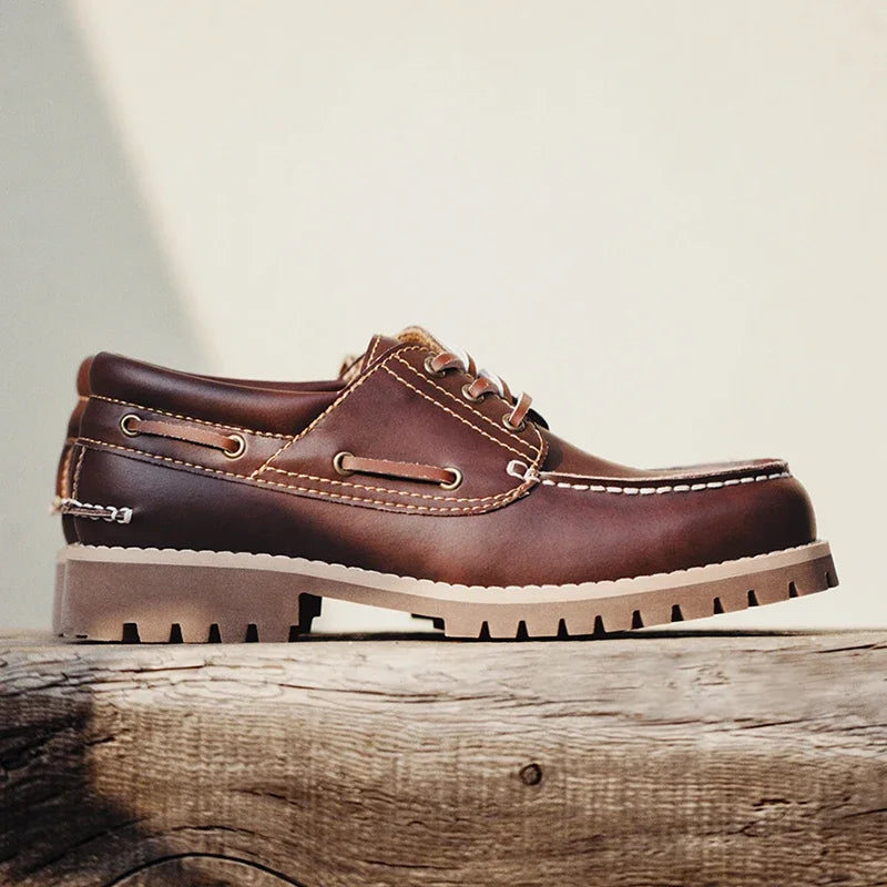 Maden Men's Vintage Second-layer Cowhide Boat Shoes Genuine Leather Derby Shoes Round Toe Low Top Boots British Style Work Shoes