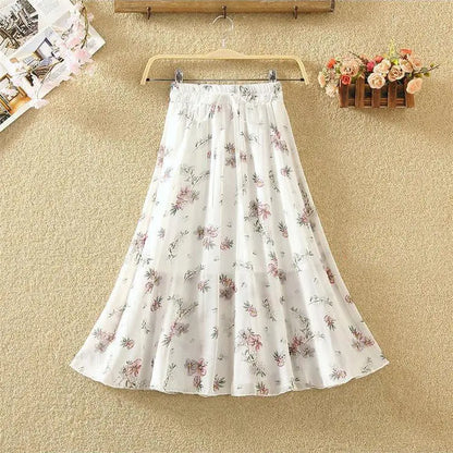 Women’s Summer Midi Skirt – Retro Floral Print with Elastic Waist & Lacing Detail