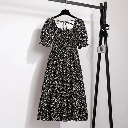 Spring Summer Women’s Chiffon Dress – Elegant Pleated Short Sleeve A-Line Casual Wear