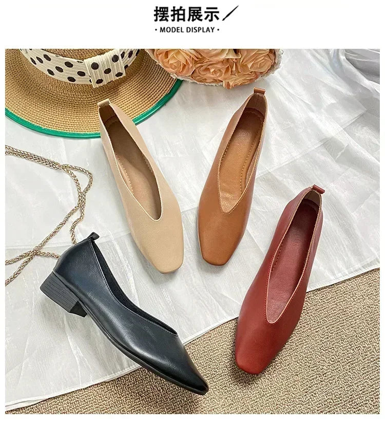 Women’s Genuine Leather Loafers – Low Heel, Round Toe, Casual Style