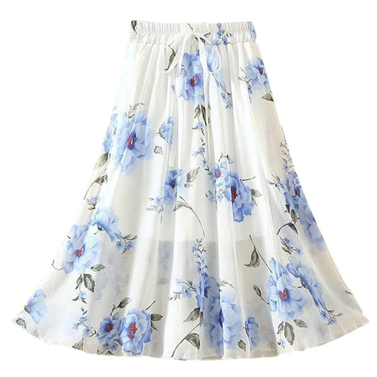Women’s Summer Midi Skirt – Retro Floral Print with Elastic Waist & Lacing Detail