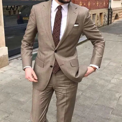 Men’s 2-Piece Khaki Suit – Slim Fit Single-Breasted Blazer & Pants for Summer