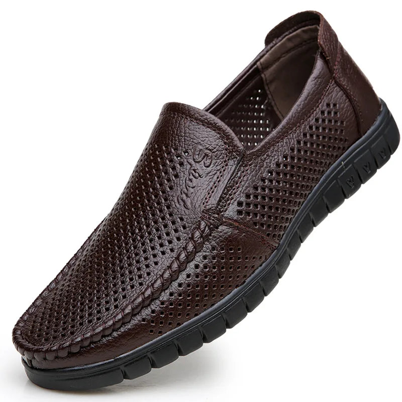 Fashion Genuine Leather Shoes Men Flat Breathable Summer Mens Casual Shoes Soft Comfortable Leather Male Footwear KA3559