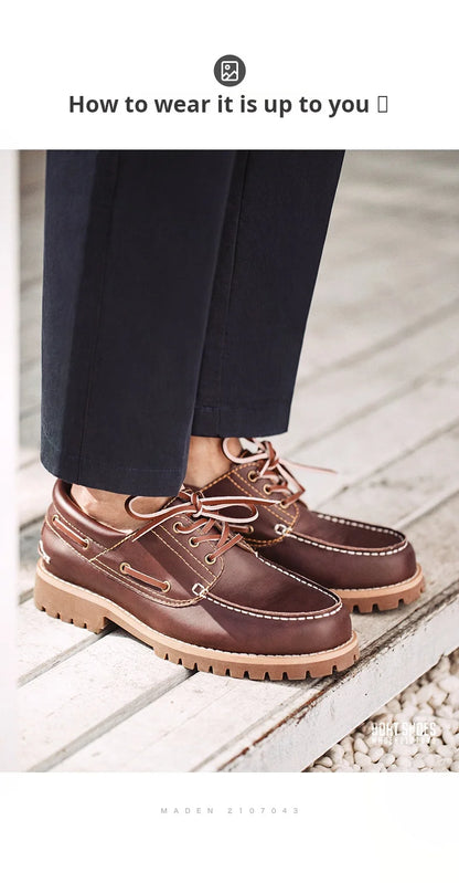 Maden Men's Vintage Second-layer Cowhide Boat Shoes Genuine Leather Derby Shoes Round Toe Low Top Boots British Style Work Shoes