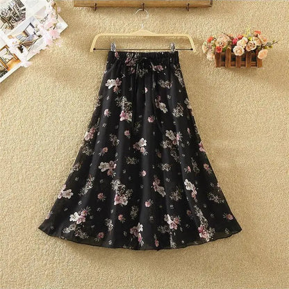 Women’s Summer Midi Skirt – Retro Floral Print with Elastic Waist & Lacing Detail