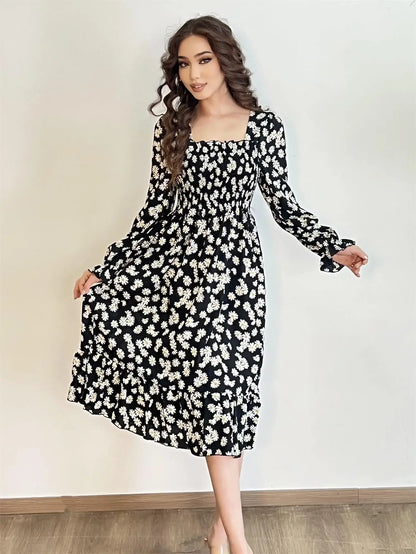 Elegant Floral Chiffon Midi Dress – Effortless Style for Spring & Autumn