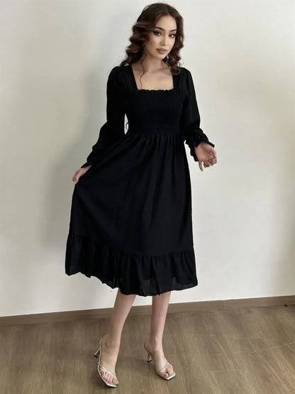 Elegant Floral Chiffon Midi Dress – Effortless Style for Spring & Autumn