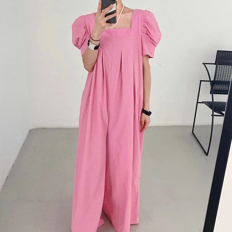 Women’s Summer Jumpsuit – Chic Square Collar with Pleated Design & Bubble Sleeves
