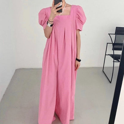 Women’s Summer Jumpsuit – Chic Square Collar with Pleated Design & Bubble Sleeves