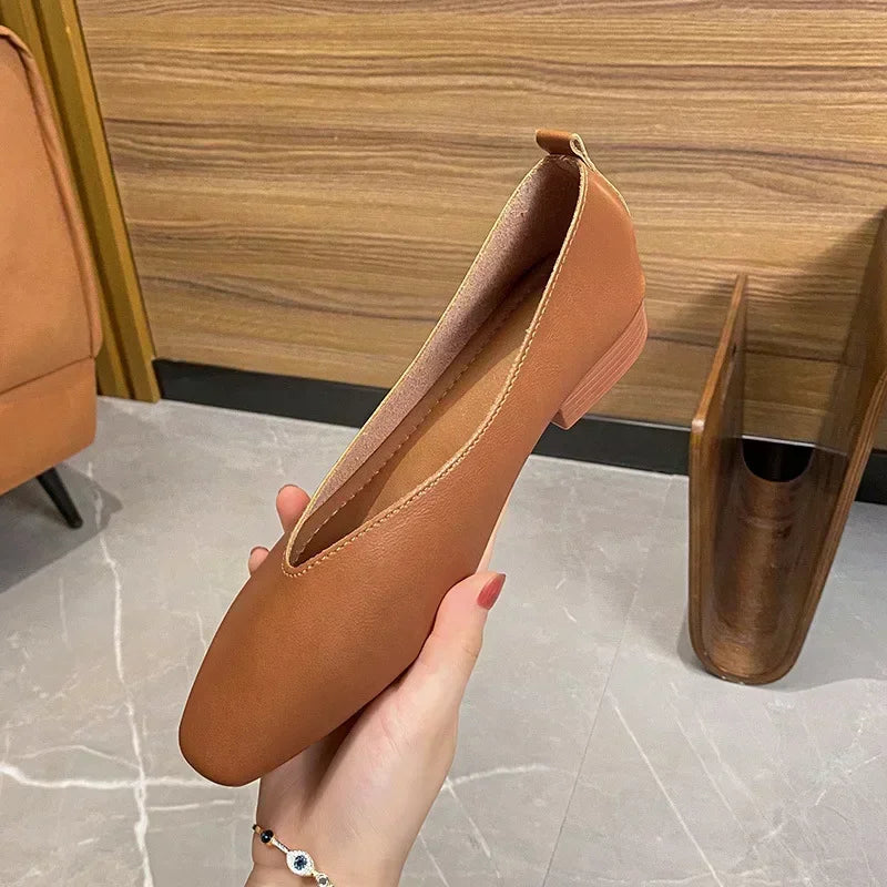 Women’s Genuine Leather Loafers – Low Heel, Round Toe, Casual Style