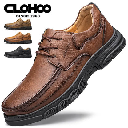 CLOHOO Men’s Handmade Leather Loafers – Breathable Casual Shoes with Thick Rubber Sole