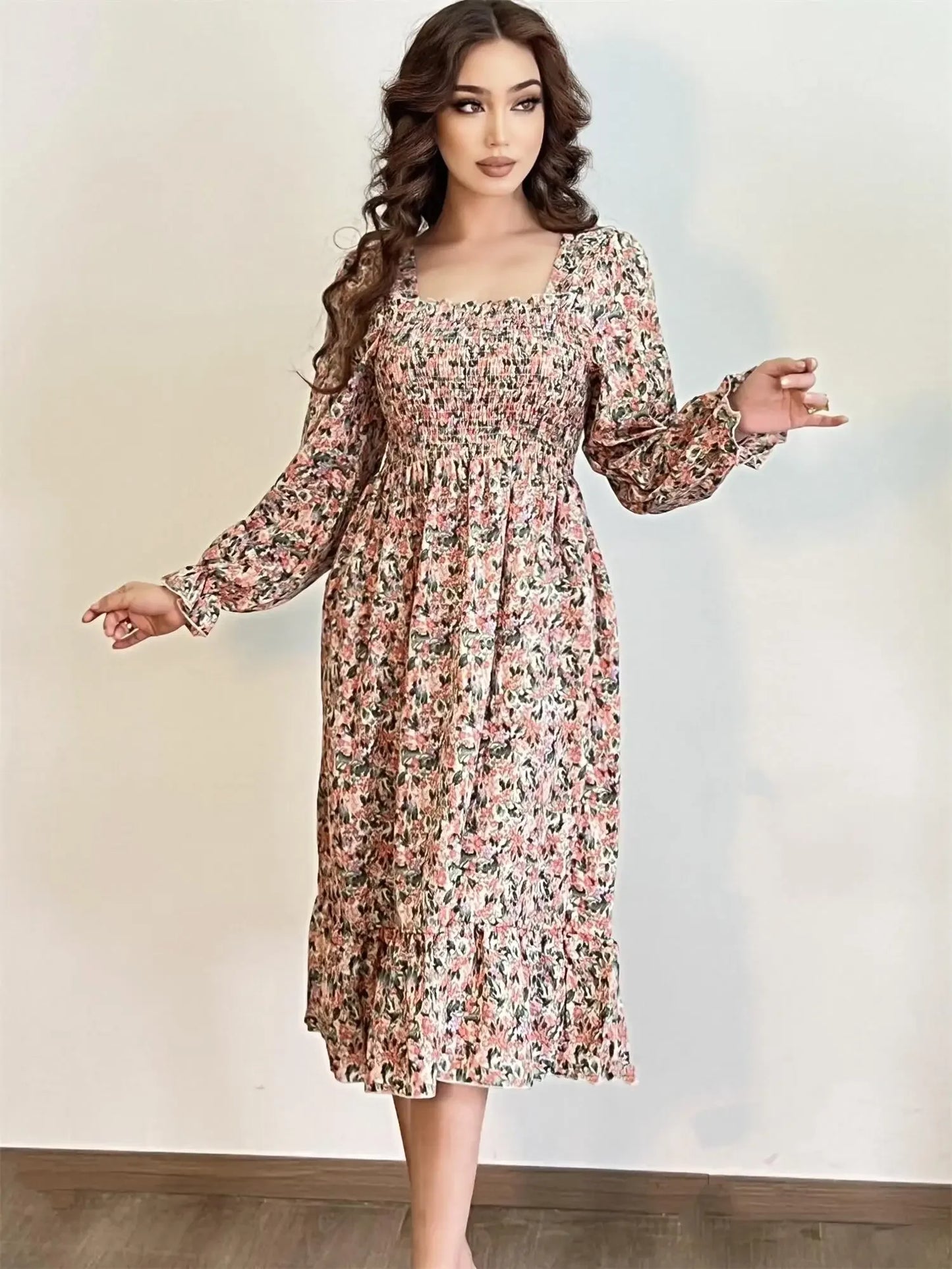Elegant Floral Chiffon Midi Dress – Effortless Style for Spring & Autumn