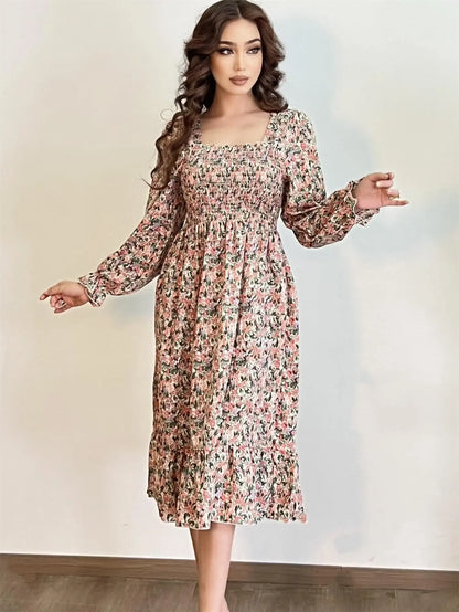 Elegant Floral Chiffon Midi Dress – Effortless Style for Spring & Autumn